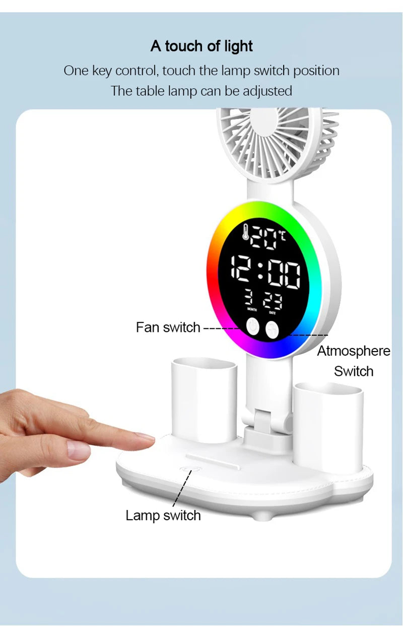 Rechargeable Led Table Lamp for Study Desk Lamp Reading Light Led Night Light with Fan Led Clock Dispaly Reading Desk Light
