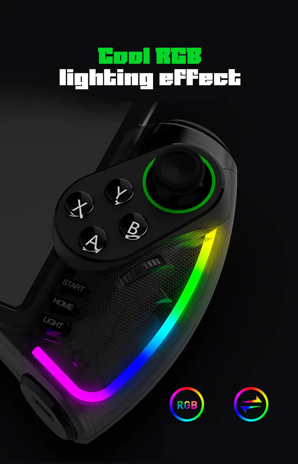 Mando Bluetooth Ipega PG-9777S para Nintendo Switch, Android, iOS, iPad y PC con luz RGB, vibración lineal y control extensible.