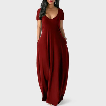 AliExpress Europa e nos Estados Unidos verão transfronteiriço novo plus size vestido de cor sólida sexy profundo V manga curta saia longa