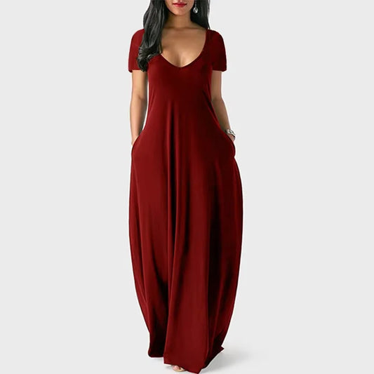 AliExpress Europa e nos Estados Unidos verão transfronteiriço novo plus size vestido de cor sólida sexy profundo V manga curta saia longa