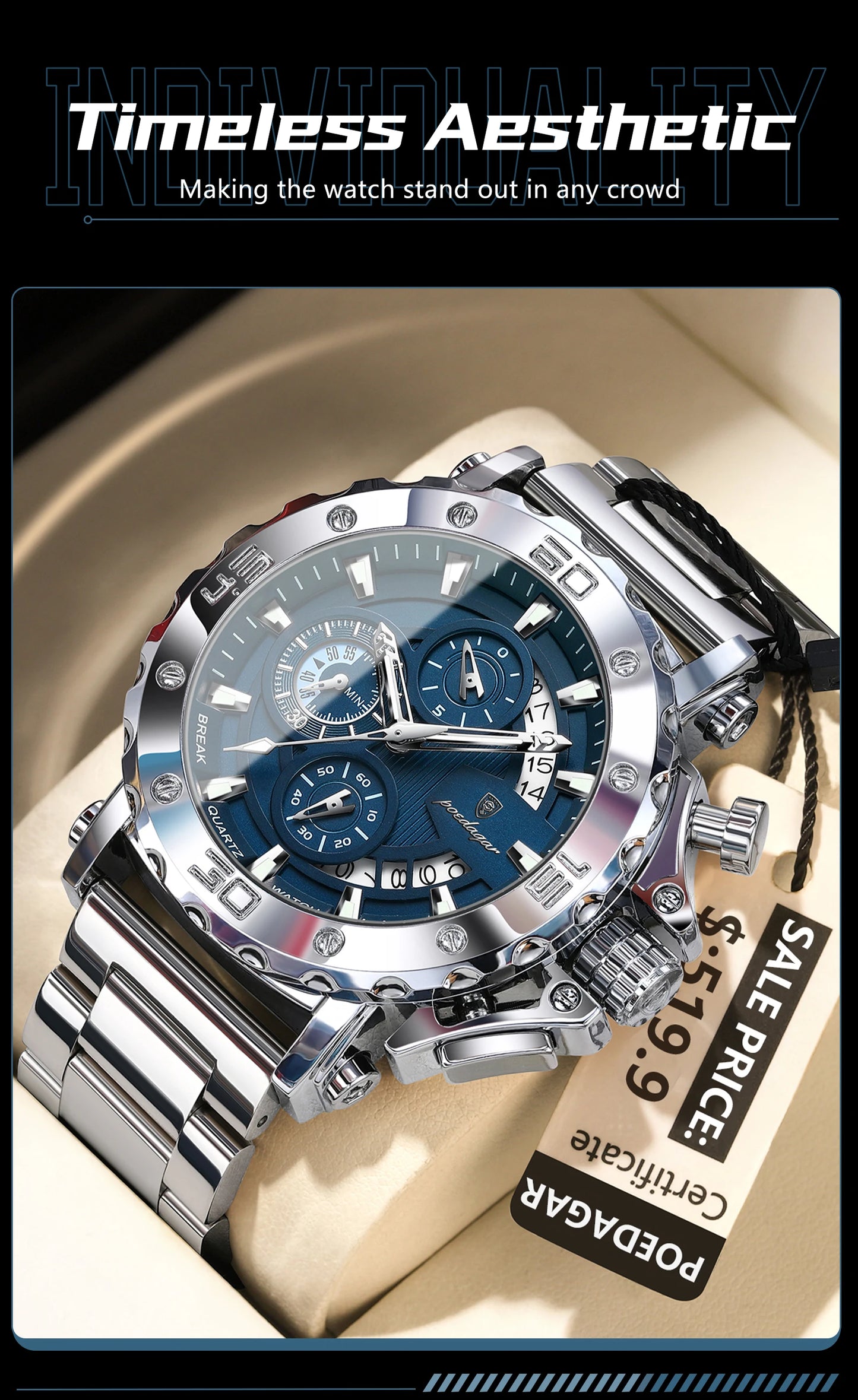 POEDAGAR Luxury Watch For Men Calendar Luminous Waterproof Man Clock Male Chronograph Stainless Steel Men's Quartz Watches Reloj
