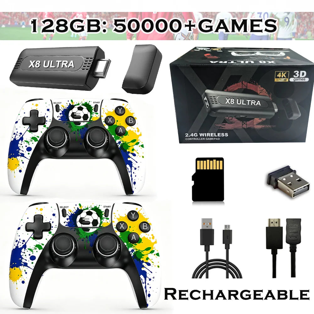 X8 Super 4K HD Game Stick 128GB 50000 Retro Games Dual 2.4G Wireless Controller Portable Plug & Play TV Game Console