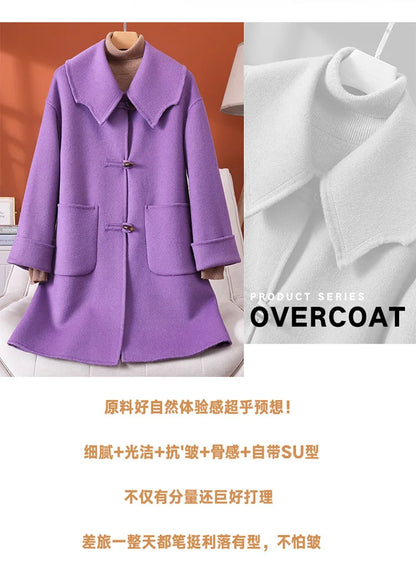 2025 Fashion Large Lapel Horn Button Women's Coat Autumn and Winter New Double-Sided Woolen 100%Pure Wool Warm Coat Large Pocket
