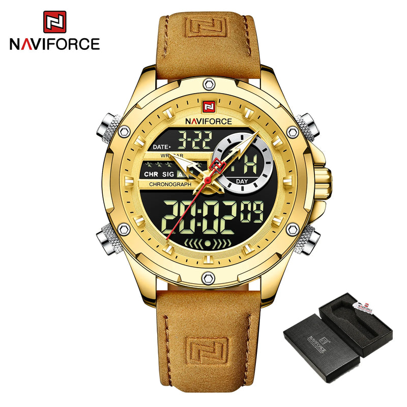 NAVIFORCE Luxury Original Watches For Men Casual Sport Chronograph Alarm Quartz WristWatch Leather Waterproof Digital Clock 9163