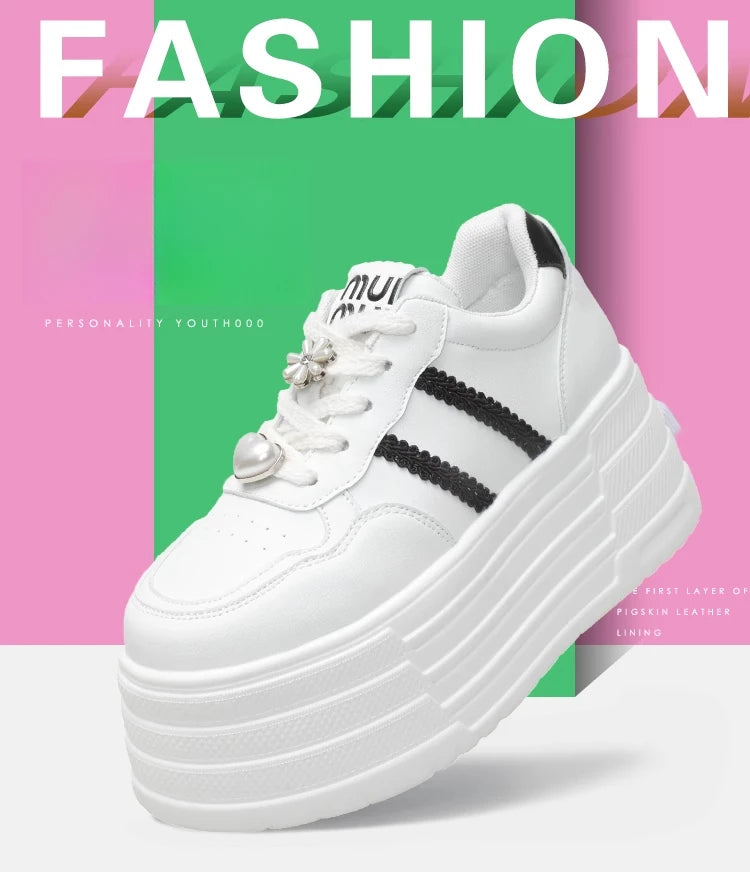 8cm Leather Flats Casual Dad Shoes Chunky Sneakers 2025 Women Platform Sports Shoes Ladies Skateboard Hidden Heels Shoes Tennis