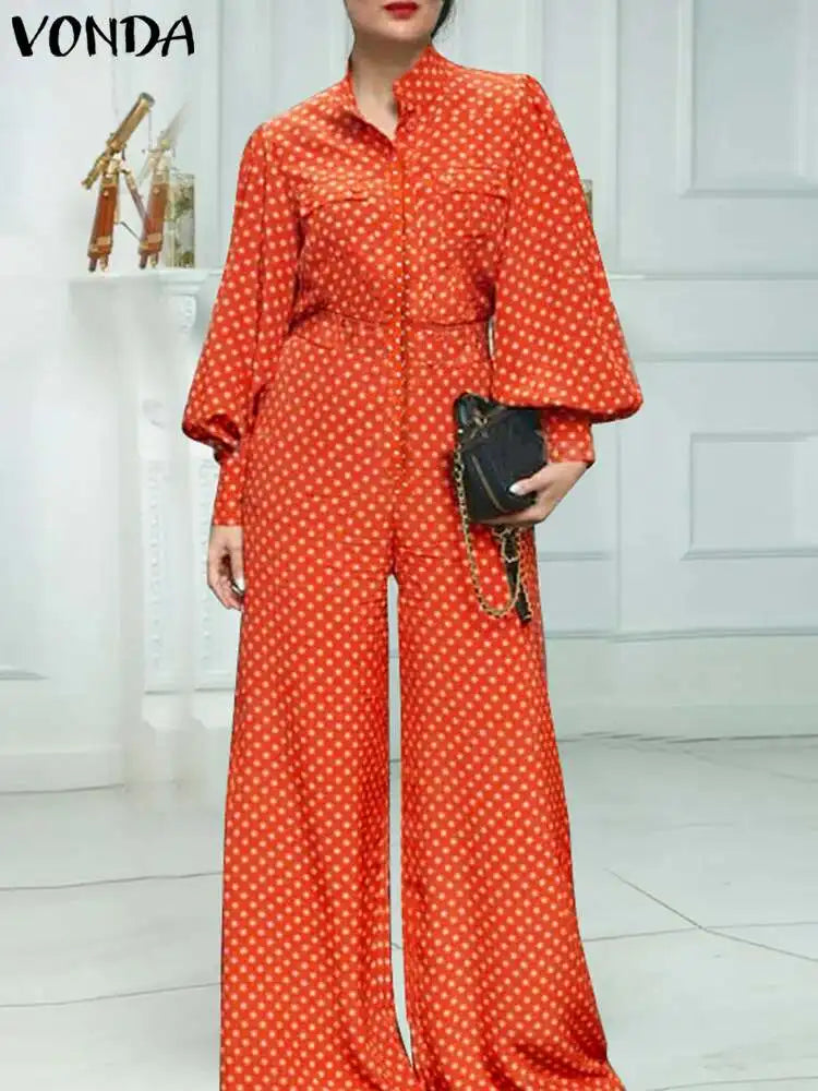 Plus Size 5XL VONDA Elegant Jumpsuist Women 2024 Autumn Polka Dot Rompers Long Lantern Sleeve Casual Long Overalls Playsuits