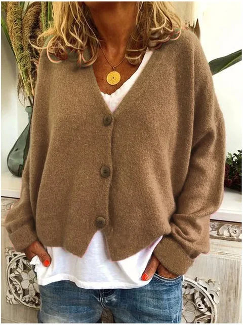 Women's Loose Knitted Cardigan, V-neck Single-breasted Long-sleeved Sweater, Solid Color, New, Spring and Autumn, S-3XL 