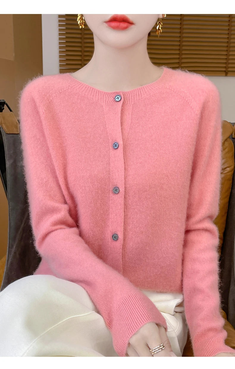 100% Merino Wool Long Sleeve Sweaters Cashmere Cardigan Spring Autumn Women O-Neck Knitwear Tops Clothing Fashion Basic Tops