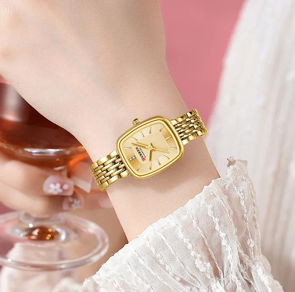 Relógio feminino quadrado dourado em aço inoxidável com calendário