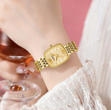 Relógio feminino quadrado dourado em aço inoxidável com calendário