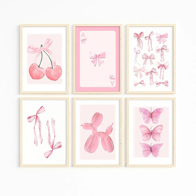 Trendy Pink Wall Art Bows Cherry Balloon Puppy Butterfly Canvas Painting Posters and Prints College Apartment Girl's Room Decor