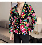 Men Suit 2 Piece Fashion Party Mens Vintage Print Big flower in northeast China Suits Jacket Pants Men Sets