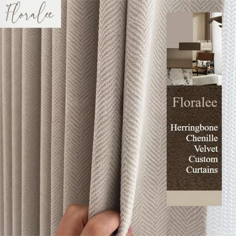 Herringbone Chenille Beige Thickened Blackout Curtains for Living Room Dining Room Bedroom Solid Color Luxury Curtains Custom
