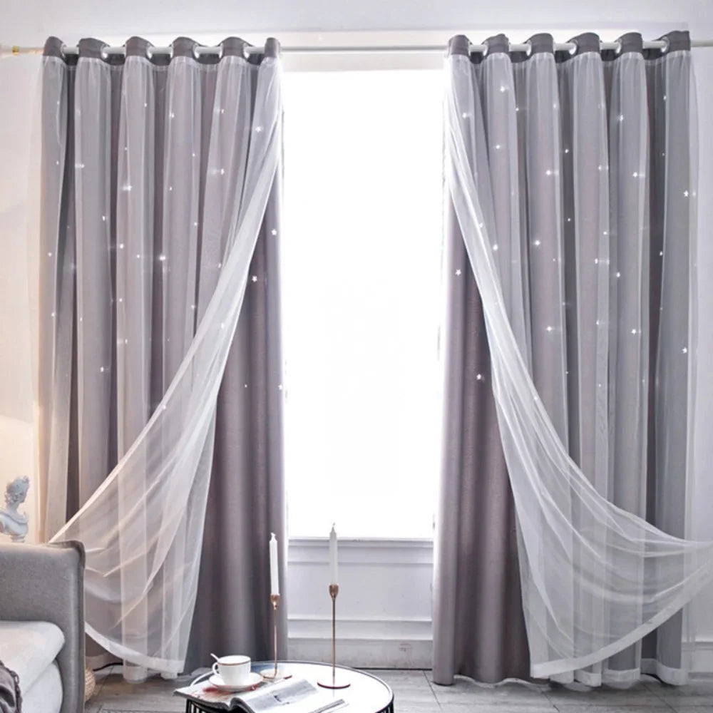 Kids Girls Bedroom Pink Curtains Star Cutout Blackout with White Sheer Pastel Nursery Window Curtain Panels for Living Room Home