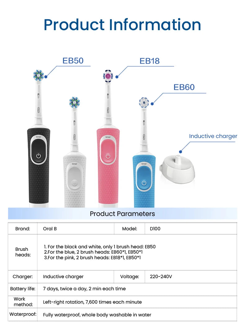 Cepillo de dientes eléctrico Oral B D100 2D Vitality, resistente al agua, con cargador inductivo y temporizador.