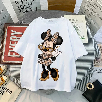 Disney Kawaii Women T-shirts Fashion New 90s Vintage Cartoon Mickey Minnie Top Y2K Female Ulzzang Oversized Cotton T-shirt
