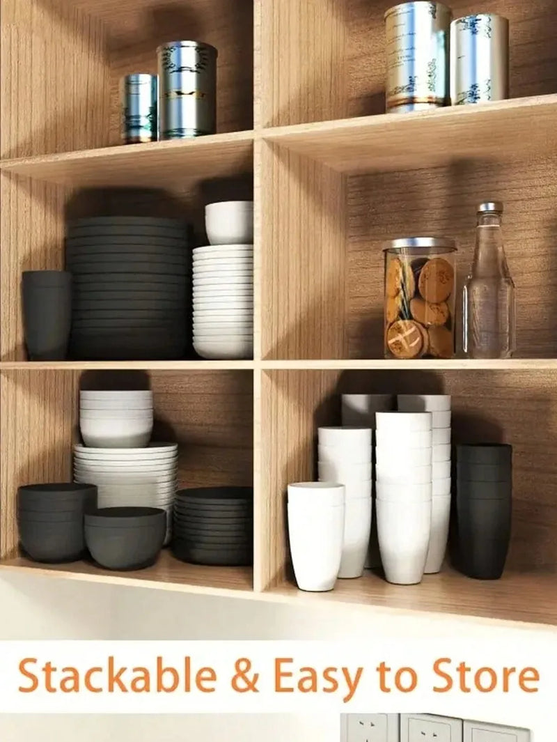 4/16/24pcs Reusable plastic tableware set, including plates, bowls and cups. Suitable for family picnics and school supplies