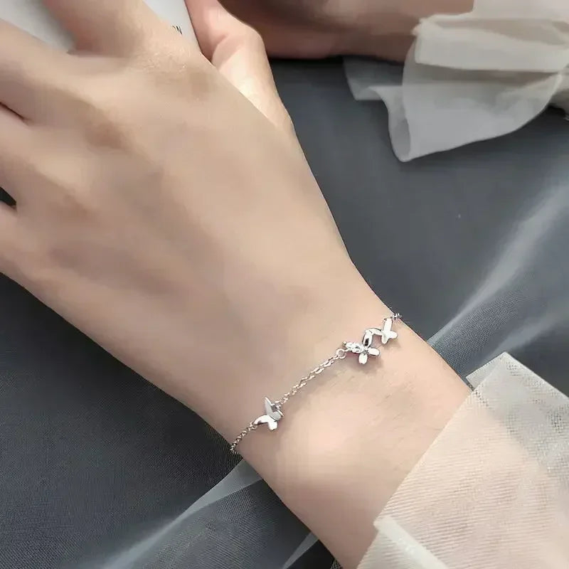 925 Sterling Silver Diamond-Studded Butterfly Bracelet for Women Adjustable Jewelry Flower Temperament Fashion 