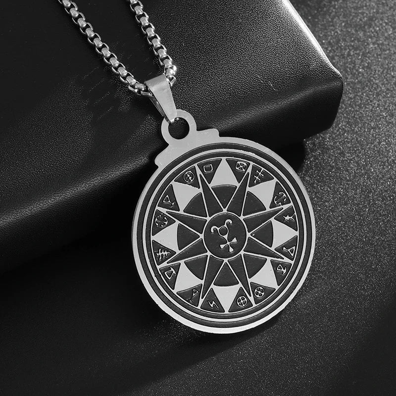 Collar con colgante de brújula de los siete arcángeles de Salomón, de acero inoxidable, estilo retro, amuleto de la suerte para hombre.
