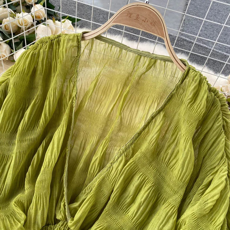 Blusa corta de gasa sexy para mujer, transparente, de manga larga, con pliegues, color morado, verde, negro y blanco, para fiesta, novedad de 2021.