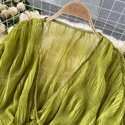 Blusa corta de gasa sexy para mujer, transparente, de manga larga, con pliegues, color morado, verde, negro y blanco, para fiesta, novedad de 2021.