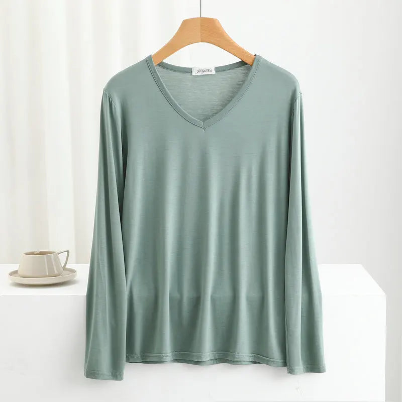 Modal Bottoming Tshirt Long sleeves thin Mask T-shirts Solid color V-Neck Base Tee Tops Plus size loose undershirt all match
