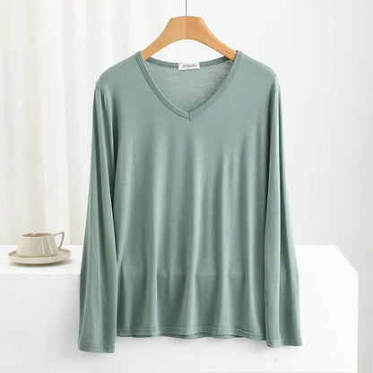 Modal Bottoming Tshirt Long sleeves thin Mask T-shirts Solid color V-Neck Base Tee Tops Plus size loose undershirt all match