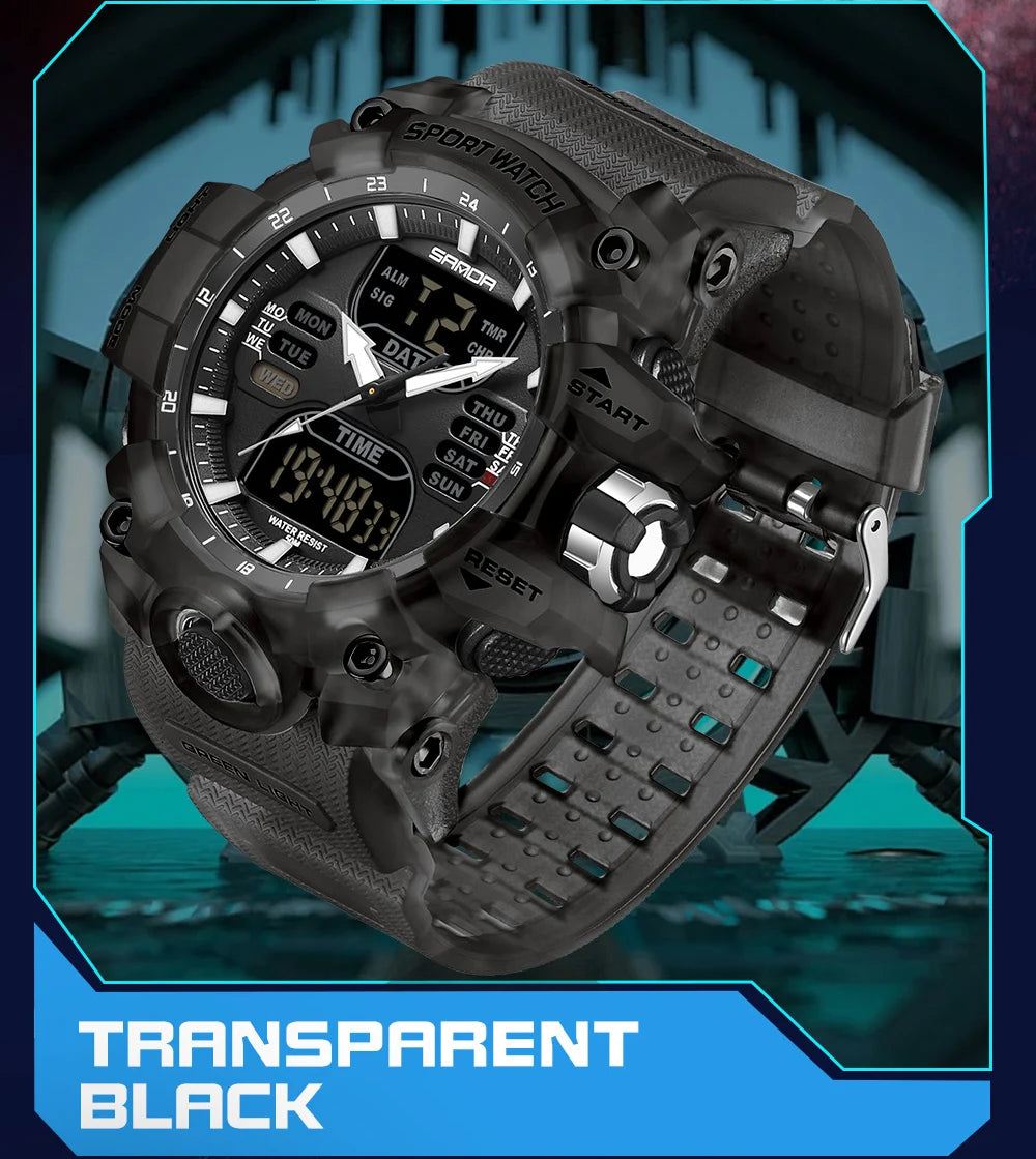 SANDA Luxury G Style Men's Electronic Watch Outdoor Sports LED Analog Digital Chronograph Military Dual Display 50M Waterproof