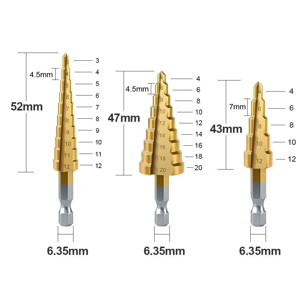 Brocas escalonadas de acero HSS con revestimiento de titanio de 3-12 mm, 4-12 mm y 4-20 mm, herramientas de corte cónicas escalonadas para acero, madera y metal.
