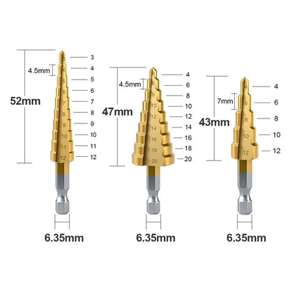 Brocas escalonadas de acero HSS con revestimiento de titanio de 3-12 mm, 4-12 mm y 4-20 mm, herramientas de corte cónicas escalonadas para acero, madera y metal.