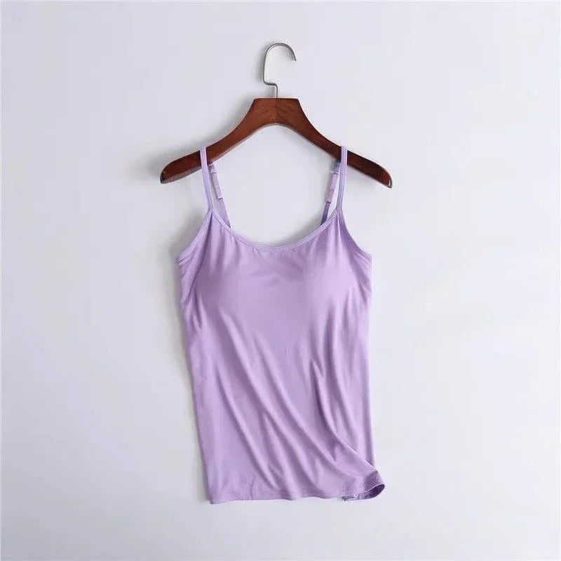 Camisola sexy con sujetador acolchado sólido y tirantes finos para mujer, camiseta sin mangas con sujetador incorporado, 2024