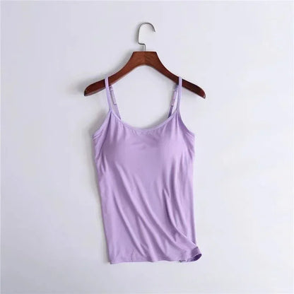 Camisola sexy con sujetador acolchado sólido y tirantes finos para mujer, camiseta sin mangas con sujetador incorporado, 2024
