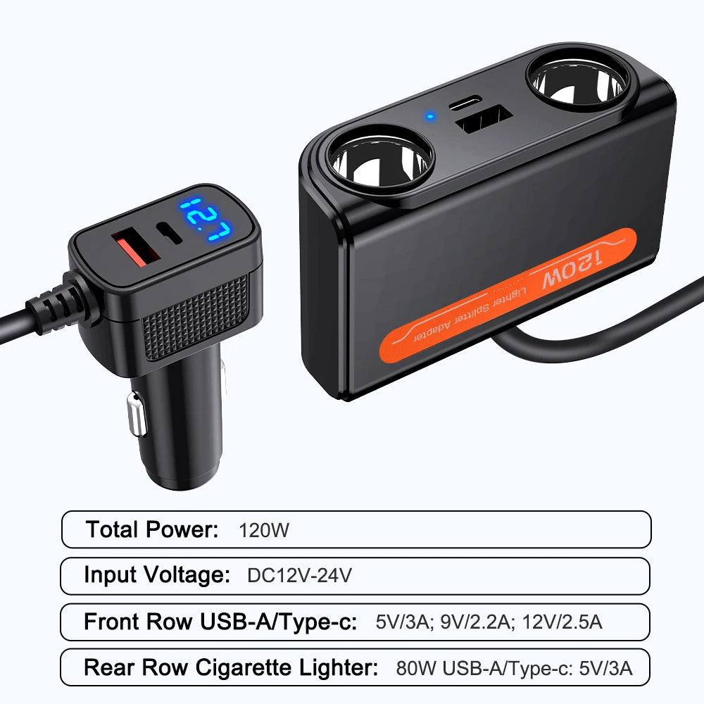 7 in 1 USB Type C Socket 120W Car Cigarette Lighter Splitter 12V 24V Fast Charger Phone Power Adapter for Car DVR GPS Dashcam