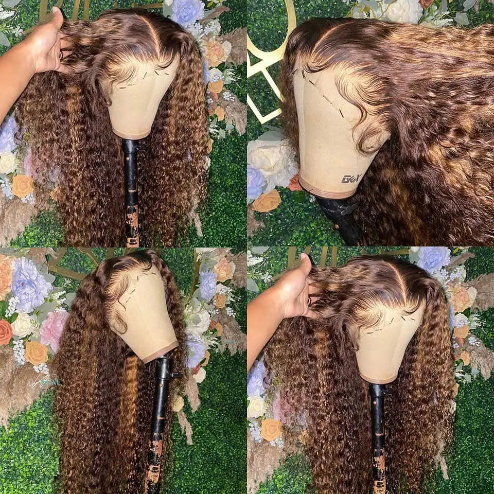 30 34 Inch Highlight Ombre Lace Front Wig Curly Human Hair Wigs Honey Blonde Colored HD Deep Wave Frontal Wigs For Black Women