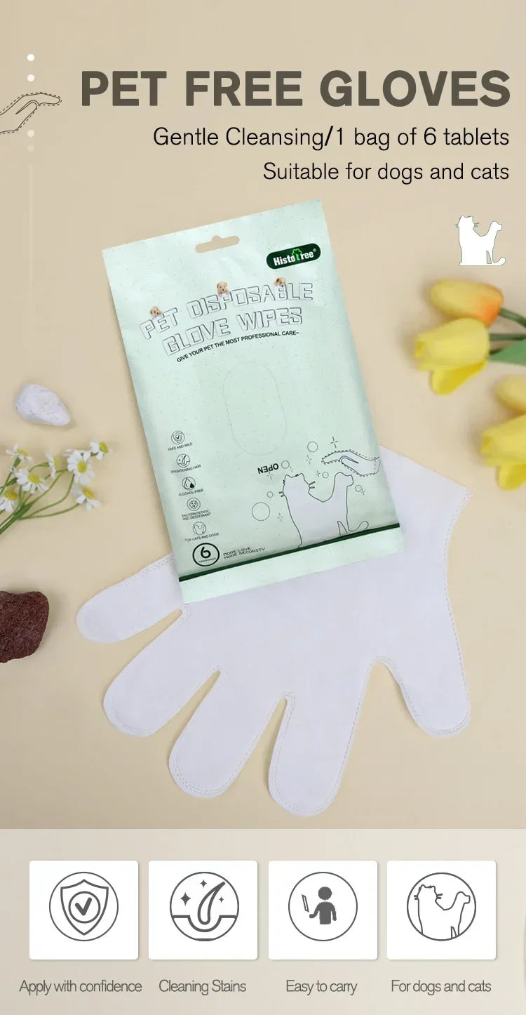 6PCS Cat Dog Disposable Glove Towels Pet Wash Free Glove No Rinse Washing Gloves Towels Deodorizing Dry Cleaning Wet Towels