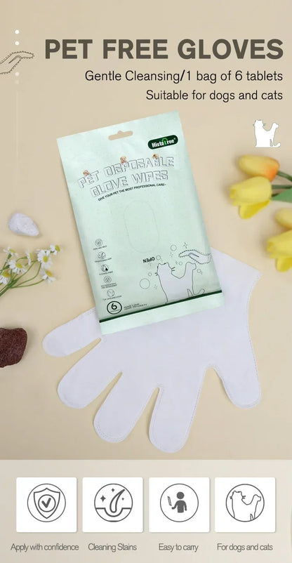 6PCS Cat Dog Disposable Glove Towels Pet Wash Free Glove No Rinse Washing Gloves Towels Deodorizing Dry Cleaning Wet Towels