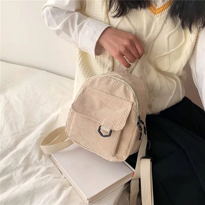 Women's Mini Backpack Fashion Solid Color Corduroy Small Simple Casual Traveling Large Capacity Durable Female's Schoolbag