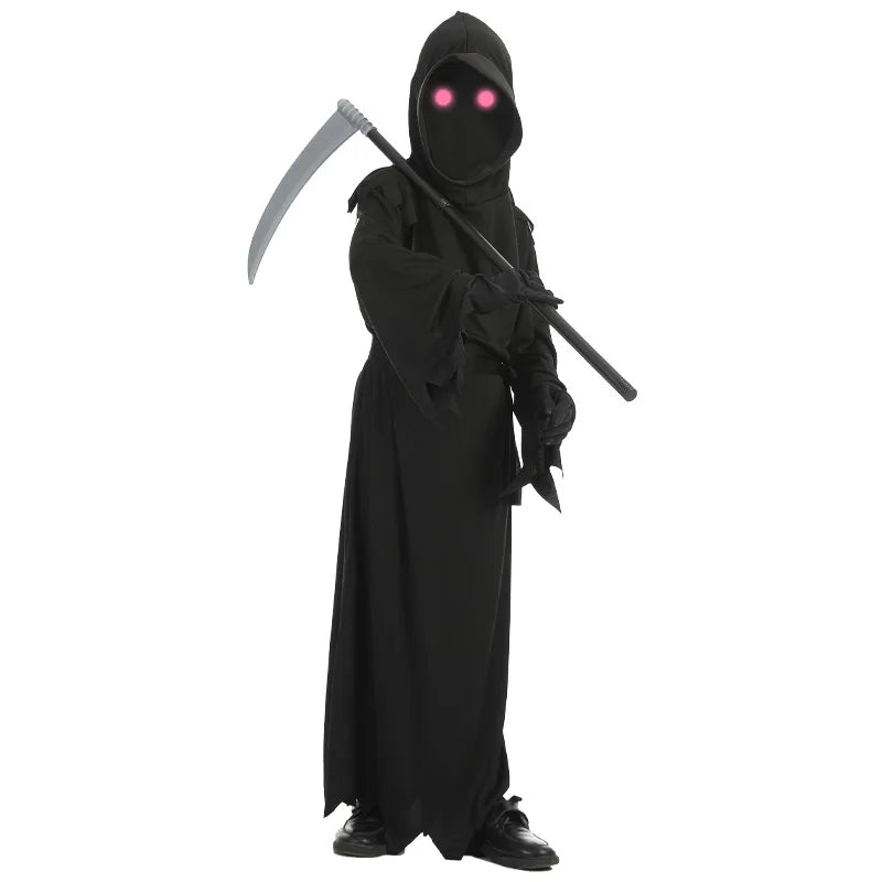 Halloween Cosplay Costume Grim Reaper Scary Skeleton Costume Children Glowing Red Eyes Grim Reaper Ghost Robe Send Scythe Props