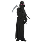 Halloween Cosplay Costume Grim Reaper Scary Skeleton Costume Children Glowing Red Eyes Grim Reaper Ghost Robe Send Scythe Props