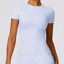 NCLAGEN - Camiseta deportiva para mujer, para correr, de verano, de manga corta, cuello redondo, transpirable, elástica, para gimnasio, yoga, fitness, ajustada, activa