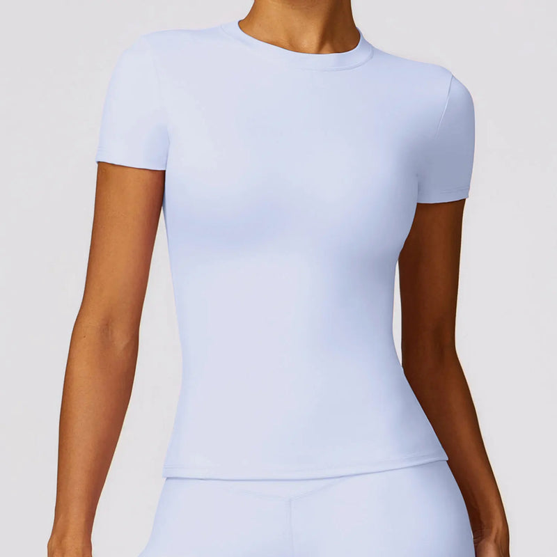 NCLAGEN - Camiseta deportiva para mujer, para correr, de verano, de manga corta, cuello redondo, transpirable, elástica, para gimnasio, yoga, fitness, ajustada, activa