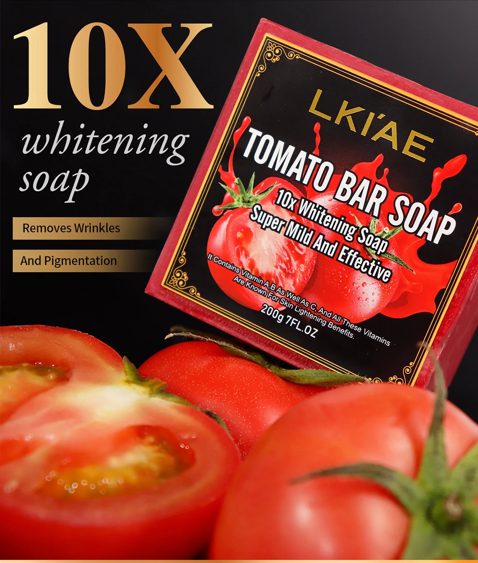 LKIAE Brand Tomato Fruit Scented Handmade Natural Bar Soap, For Face, Body, Whitening, Oil Control, Brightens, Shrinks Pores, 200g