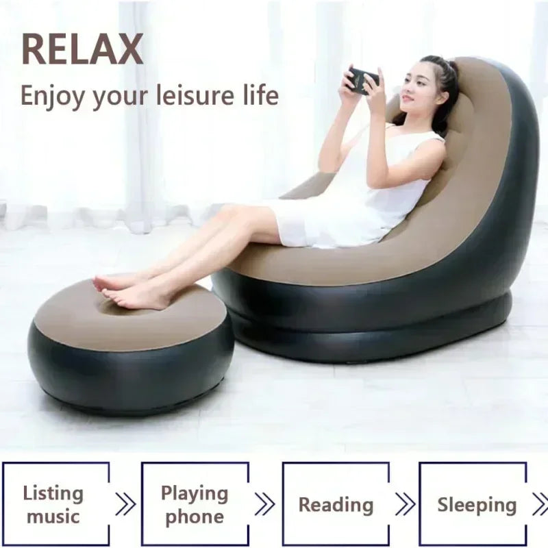Nuevo sofá Lazy Boy, reclinable, inflable y plegable, para exteriores, con estribos, cómodo y combinado, de terciopelo flocado.