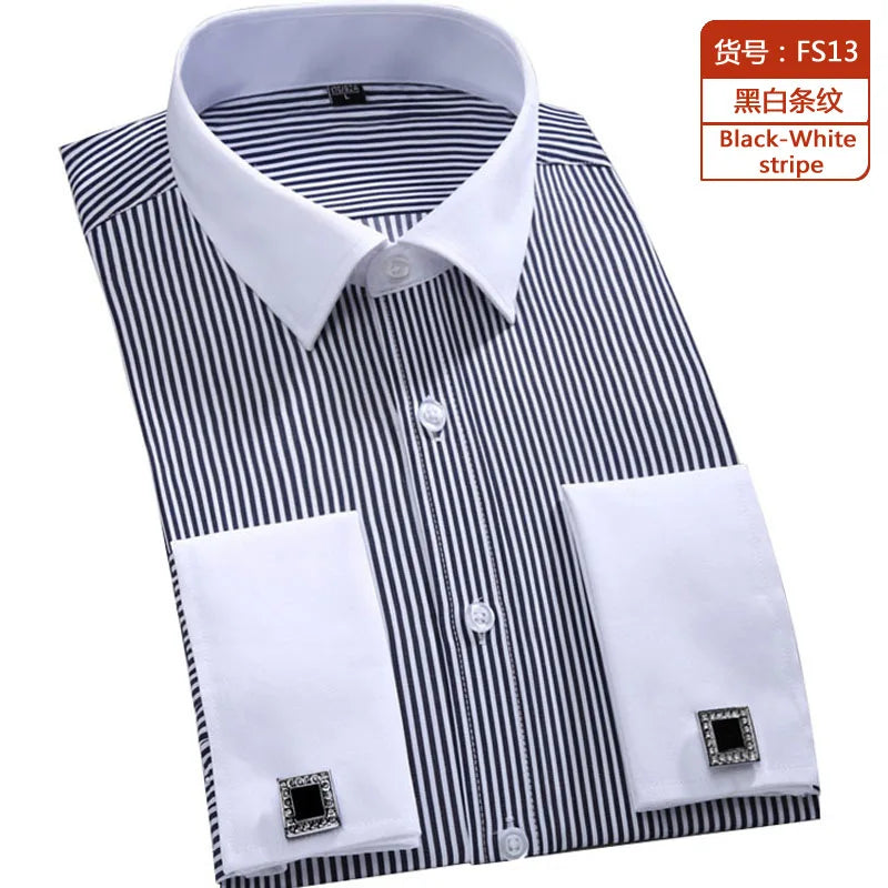 Camisa clásica de vestir para hombre con puños franceses, corte estándar, manga larga, para bodas, fiestas, oficina, trabajo, color blanco
