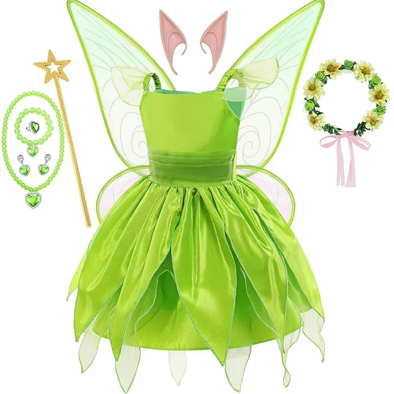 Girls Disney Party Dresses Fairy Tiana Costume for Girl Tinkerbell Children Clothing Princess Elf Birthday Ball Gown Wing Dresse