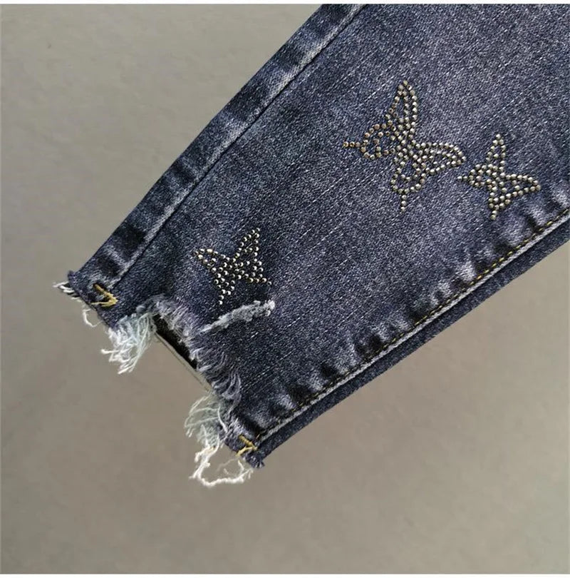 Spring Summer 2024 New Fashion Women's Denim Pants Korean Version Elastic Rhinestone High Waist Skinny Jeans