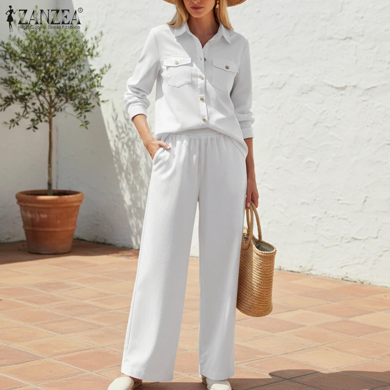 ZANZEA Plus Size 5XL Womens Casual Pant Suits Long Sleeve Shirt & Elastic Waist Pant 2 Pieces Sets Spring Solid Color Outfits