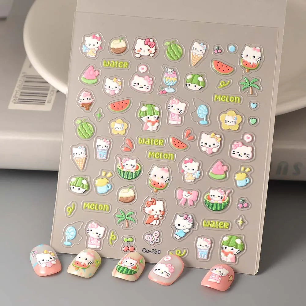 Sanrio Anime 5D Nail Stickers Hello Kitty Kurome Cartoon Stickers Nail Decoration Cute Melody Nail Art Decals Nail Art Supplies