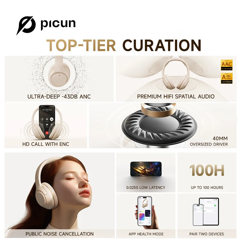 Picun F2 Hybrid Active Noise Canceling Headphones with Built-in Microphone, Spatial Audio Mode, 50H Playing Time Hi-Res Audio