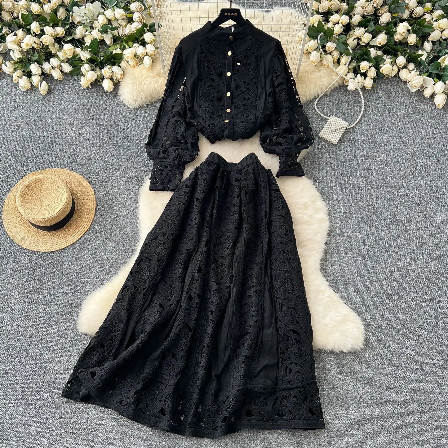 Autumn Crochet White Lace Embroidery 3 Pieces Sets Women Dress Suits Hollow Out Loose Shirt Top Elastic Waist Maxi Skirt Suit